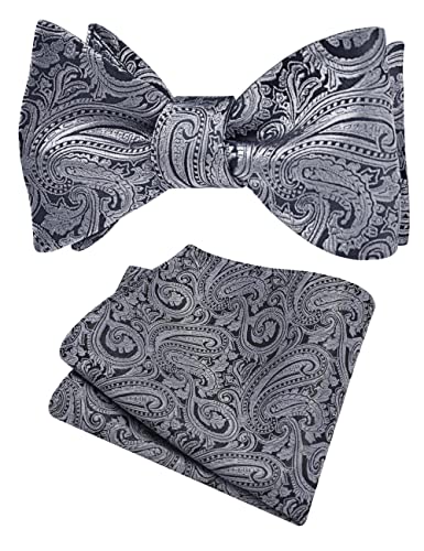 GUSLESON Mens Retro Paisley Self Tied Bow Tie for Wedding Silk Woven Gray Black Bow tie Pocket Square Set (0652-21)