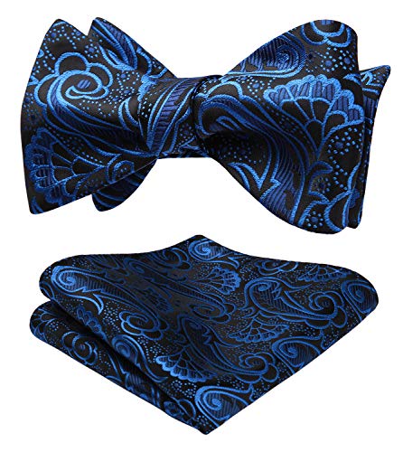 HISDERN Bow Ties for Men Black Blue Paisley Bowties Men Self Tie Bow Tie and Pocket Square Set Classic Woven Bowtie Handkerchief for Wedding Party