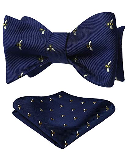HISDERN Men's Bee Pattern Self Bow Tie And Pocket Square Set Wedding Party Accessories,Navy Blue & Yellow,One Size