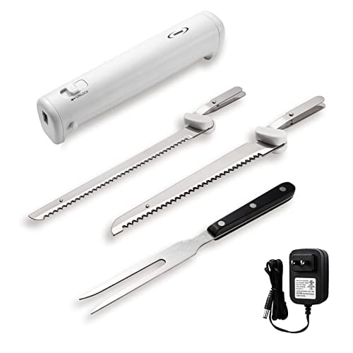 Cushore Professional Cordless Rechargeable Easy-Slice Electric Knife with 4 Reciprocating Serrated Stainless Steel Blades and Safety Lock Trigger Release, Carving Meats, Poultry, Bread, Serving Fork Included, White