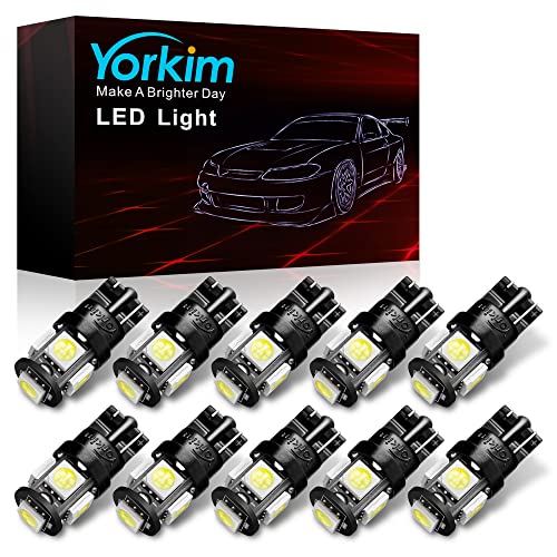 Yorkim 194 LED Bulbs White 6000k Super Bright 5th Generation, T10 LED Bulbs, 168 LED Bulb for Car Interior Dome Map Door Courtesy License Plate Lights W5W 2825, Pack of 10