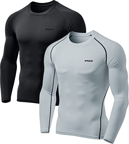 TSLA Men's Thermal Long Sleeve Compression Shirts, Athletic Base Layer Top, Winter Gear Running T-Shirt, Heat Core 2pack Black/Light Grey, Large