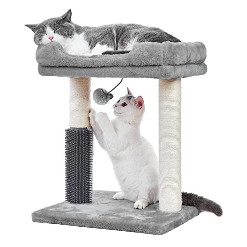 MeowSir Cat Tree 4 in 1 Cat Scratching Post Featuring with Cat Self Groomer Wide Large Top Perch Natural Scratching Post and Danging Ball for Indoor Cats-Grey