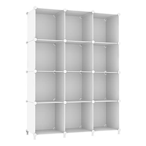 AWTATOS Cube Storage Organizer Modular Storage 12 Cube Bookshelf DIY Plastic Closet Clothes Storage Shelves with Wooden Mallet, Stackable Storage Solution for Home, Office, Bedroom, White