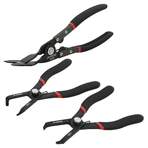 ARES 10074  3-Piece Push Pin and Trim Clip Removal Pliers Set  30 Degree, 80 Degree, and Lift Action Pliers - Removes Push Pin and Press in Trim Clip Style Fasteners - Protects Trim and Fasteners