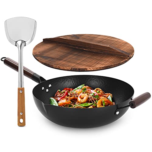Cookeriess Hand Hammered Carbon Steel Wok, Wooden Lid & Asian Spatula with Wooden Handle - Stir Fry Pan for Chinese, Japanese, and Cantonese Cuisine  Flat Bottom Wok for Asian Cooking by Cookeries