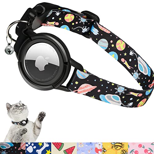 Upgraded AirTag Cat Collar, FEEYAR Integrated GPS Cat Collar with Apple Air Tag Holder and Bell [Black], Safety Elastic Band Tracker Cat Collars for Girl Boy Cats, Kittens and Puppies