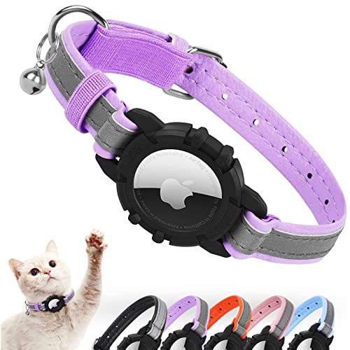 Reflective AirTag Cat Collar, FEEYAR Integrated Air Tag Cat Collar for Apple, Leather GPS Cat Collar with AirTag Holder and Bell [Purple], Tracker Cat Collars for Girl Boy Cats, Kittens and Puppies