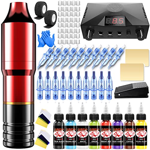 Complete Beginner Tattoo Pen Kit with Red Pro Pen 20 Tattoo Cartridges Needles and 8 Color Tattoo Inks Tattoo Power Supply Tattoo Machine Foot Padel and Tattoo Accessories