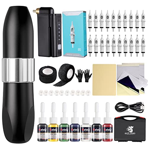 Tattoo Kit, Solong Tattoo Pen Kit Tattoo Gun Kit RCA Rotary Tattoo Machine Kit Complete Tattoo Kit Professional w/Tattoo Pen Tattoo Cartridge Needles Tattoo Power Supply Battery EK157P199-1