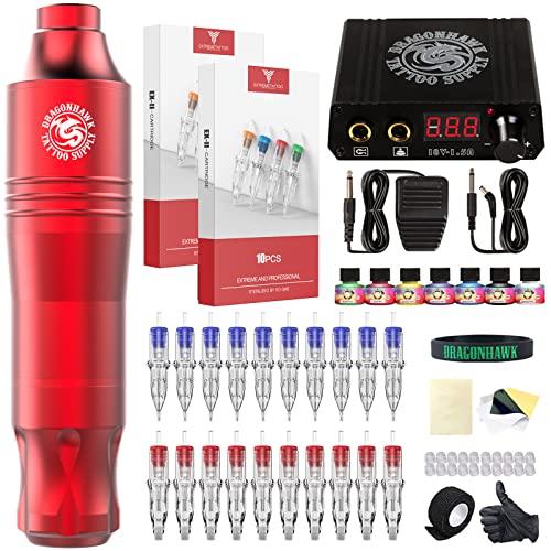 Dragonhawk Pro Complete Tattoo Pen Kit - Lightweight Tattoo Pen Machine 20Pcs Cartridges Needles Power Supplies for Tattoo Beginners 1013-7-2