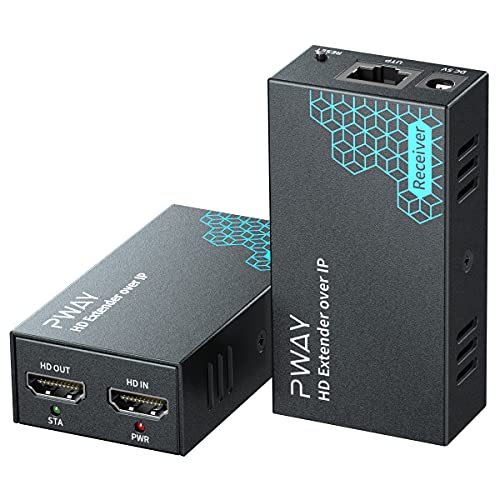 PWAY HDMI Extender 500ft Over Single Cat5e/6, Over IP/TCP One to Multiple Monitors by Ethernet Switch, Full HD 1080P@60Hz Video Extended