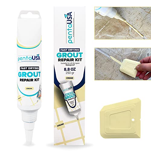 PentaUSA Tile Grout Repair Kit - 8.8 oz Cream Color Premix Grout Paint Tube with Applicator Spatula - Restore and Renew Tile Joints, Easy to Use, Fast Drying Odorless Formula (Cream 8.8oz - 250gr)