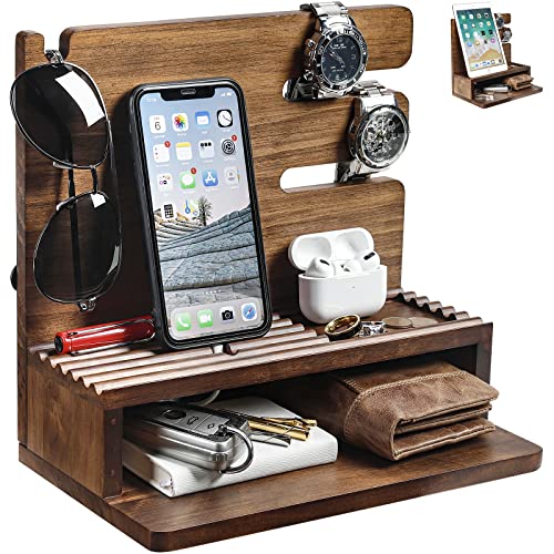 Homde Solid Wood Charging Station Storage/Nightstand Organizer for Multiple Devices Including Phone, Smart Watch, Laptop, Tablet Perfect as an Electronic Organizer Great Gift for Men