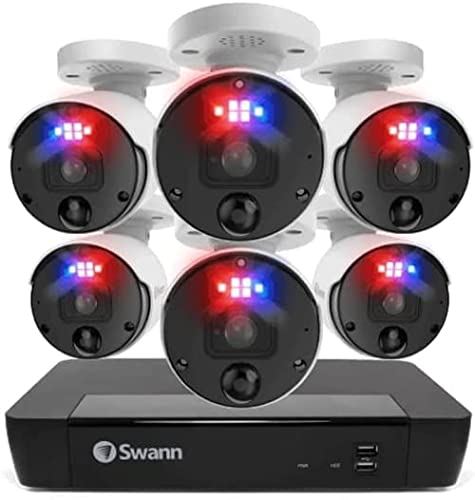 Swann Home Security Camera System with 2TB HDD, 8 Channe 6 Cam, POE Cat5e NVR 4K HD Video, Indoor or Outdoor Wired Surveillance CCTV, Color Night Vision, Heat Motion Detection, Enforcer LEDs, 889806