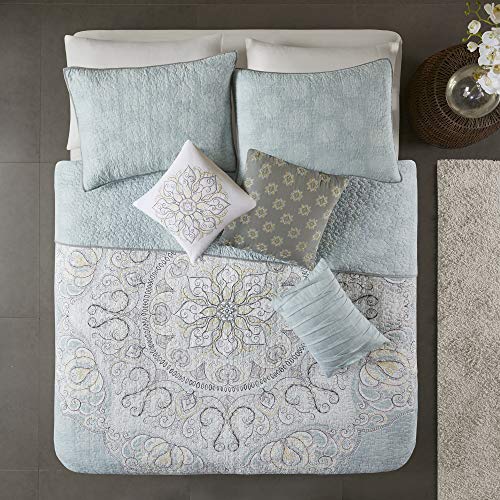 Madison Park 100% Cotton Quilt - Luxury Stitching Design, All Season, Breathable Coverlet Bedspread Bedding, Shams, Decorative Pillow, King/Cal King(104"x92"), Seafoam 6 Piece
