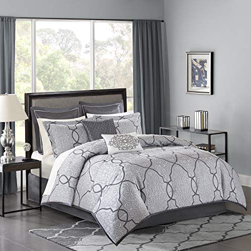 Madison Park Lavine Cozy Bed in a Bag Comforter, Traditional Luxe Jacquard Design All Season Down Alternative Cover with Complete Sheet Set, King, Silver 12 Piece
