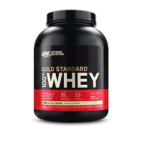 Optimum Nutrition Gold Standard 100% Whey Protein Powder, Vanilla Ice Cream, 5 Pound (Packaging May Vary)