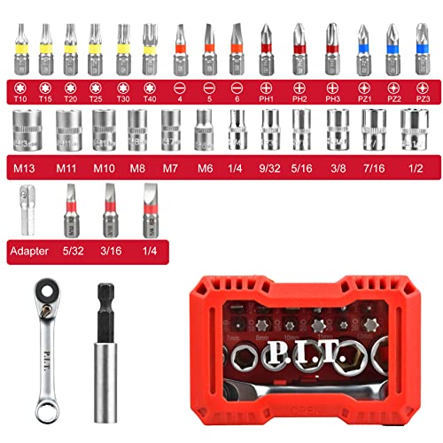 P.I.T. Ratcheting Screwdriver Bit Set with Socket Set, 1/4 Hex Screwdriver Bit and Driver 6-Point Socket set with 2 In 1 72 Tooth Ratchet Wrench, Suitable for home maintenance