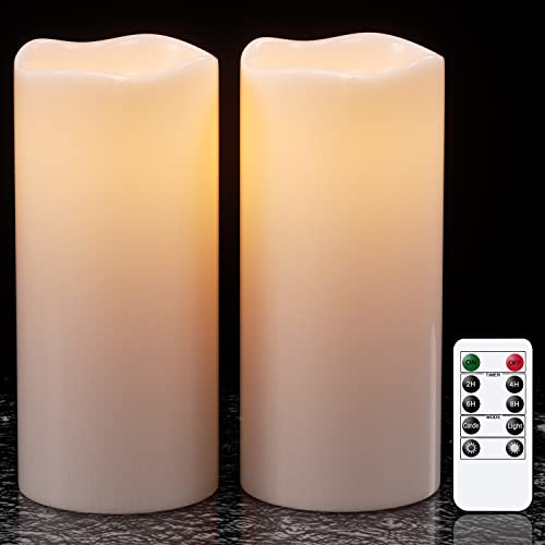 GenSwin Waterproof Outdoor Flameless Candles with Remote Timer, Battery Operated Large Flickering LED Pillar Candles for Indoor Outdoor Lanterns, Wont melt, Long-Lasting(White, Set of 2, 8 x 4)