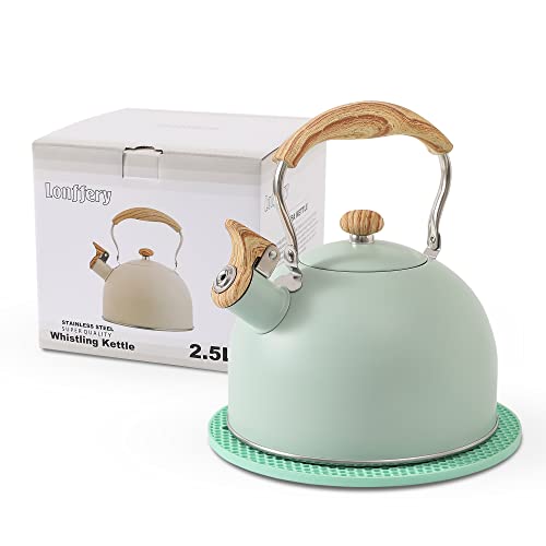 LONFFERY Tea Kettle, 2.5 Quart Whistling Tea Kettle, Tea Pots for Stove Top Food Grade Stainless Steel with Wood Pattern Folding Handle - Turquoise