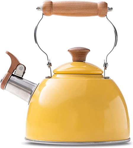 ROCKURWOK Whistling Tea Kettle, 1.6 QT / 50 OZ, Yellow Teapot, Universal Base for Induction | Gas | Electric | Halogen | Radiant, Wooden Handle, Vintage