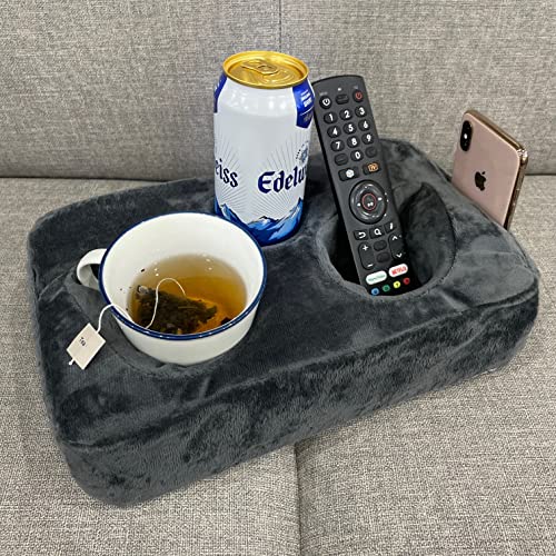 Couch Cup Holder Pillow, Couch Drinks Remotes Holder for Center of Couch,for Sofa, Bed, RV, Car (Gray)