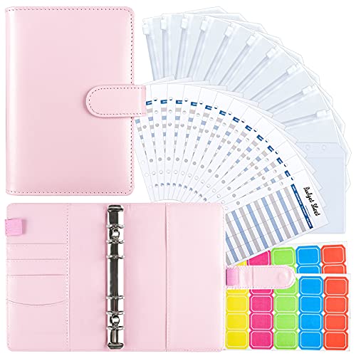 28 Pcs A6 Budget Binder with Binder Pockets, Expense Budget Sheets and Labels for Budget Organizer Cash Envelopes System Money Saving