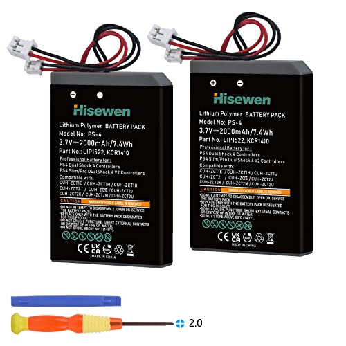 Hisewen 2 Pack 2000mAh PS4 PS4Pro Controller Battery Replacement for Sony Playstation 4 Dualshock 4 V1 V2 Controller CUH-ZCT2 CUH-ZCT2E CUH-ZCT1E CUH-ZCT1U