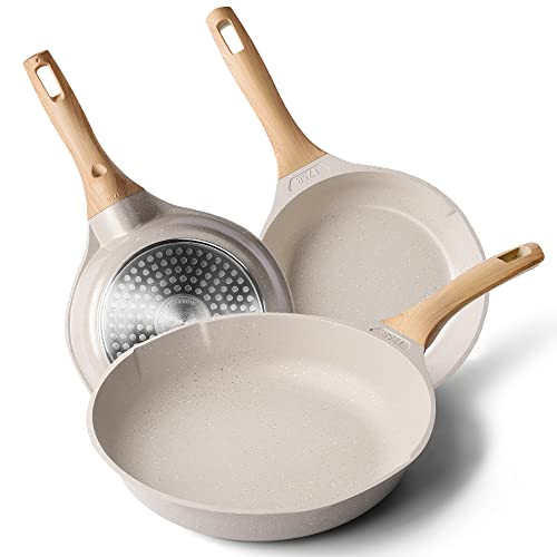 Nonstick Frying Pan Set - Granite Skillet Set, Induction Pans for Cooking Omelette Pan Non-Stick Cookware Set, Healthy Kitchen Skillet Pans Non Sticking Stone Pot and Pan Set (8", 9.5" & 11") Beige