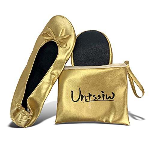 Untssiw Fold Up Ballet Flats-Foldable Ballet Flats Shoes-Portable Travel Shoes with Travel Pouch - Gold, Small