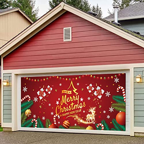 6.5 x 16 ft Merry Christmas Garage Door Banner, Winter Christmas Garage Door Murals, Large Hanging Christmas Photography Background Decoration for Photo Props Holiday Party Supplie