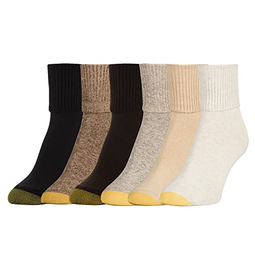 GOLDTOE Women's Classic Turn Cuff Socks, Multipairs, Brown Black Mix (6-Pairs), Medium