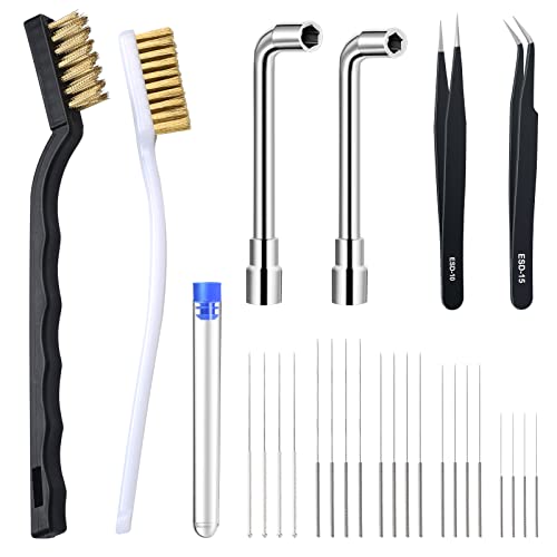 Complete 26-Piece 3D Printer Nozzle Wrench Maintenance Kit: Includes 20 Cleaning Pins with Storage Box, 2 Tweezers, 2 Copper Wire Brushes, 2 L-Shaped Wrench Tools for Optimal 3D Printing Performance
