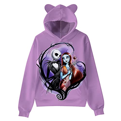 Unisex Anime Hoodie Cute Cat Ear Jack Skellington Sally Cosplay Hoodies Costume Sweatshirts Gifts For Women Adult Halloween Christmas XL