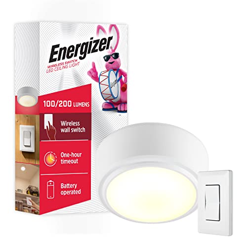 Energizer LED Ceiling Fixture, Battery Operated, Wall Switch Remote, Wireless, 200 Lumens, Up to 50 ft Remote Control, Perfect for Laundry Room, Garage, Closets and More, 47485-T2