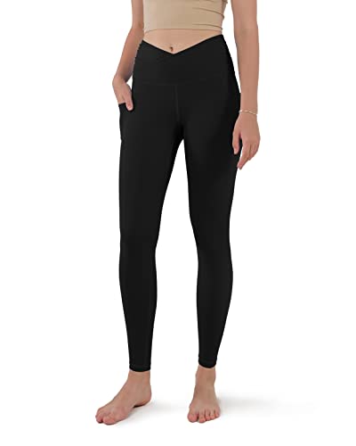 ODODOS Women's Cross Waist Yoga Leggings with Side Pockets, Non-See Through Workout Running Tights Athletic Pants, Black, Medium