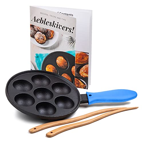 Upstreet Cast Iron Aebleskiver Pan/Ebelskiver Pan/Ideal for Mini Pancake Mold, Cake Pop Pan, and Takoyaki Maker for Danish Stuffed (Blue)