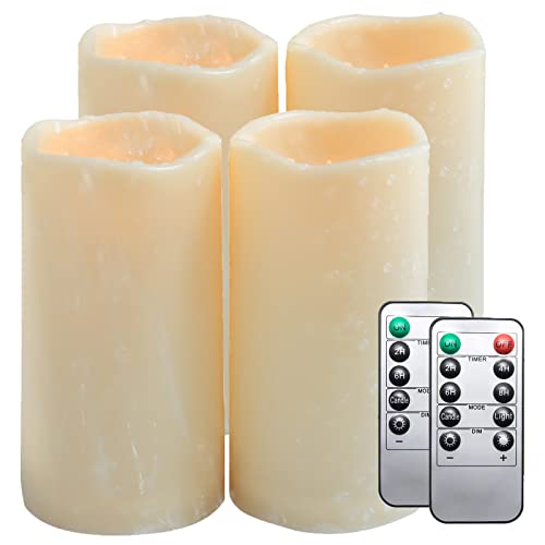 Lezonic Outdoor Waterproof Flameless Pillar Candles, LED Battery Operated Candles with Timer and Remote, Pack of 4 Ivory Flickering Flameless Candles Warm Yellow Light(D:3H:6) for Lanterns