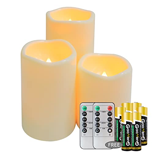 Fmix Flameless Candles, 1000hrs Battery Operated Candles with Remote, 3Pcs Ivory Outdoor Waterproof LED Pillar Candles with Timer, D3 H3.5/4.5"/ 5.5" (Included 6 Batteries)