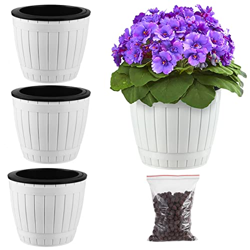 3 Pack Self Watering Pots for Indoor Plants 7.1 Inch Plastic Plant Pots African Violet Pots for Outdoor Plants Self Watering Planters White Flower Pots for Devil's Ivy, Spider Plant, Orchid for Office