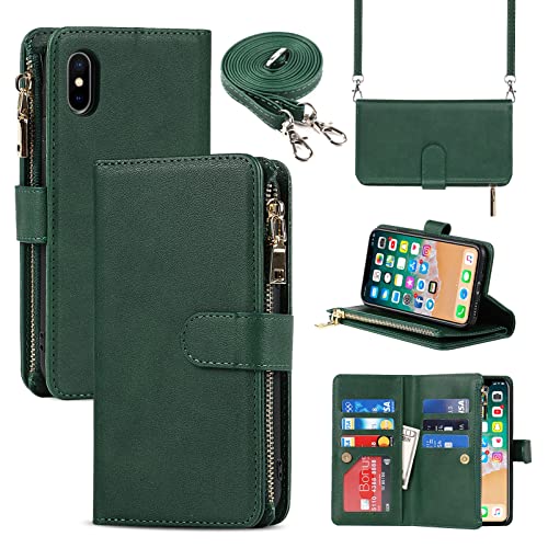 Jaorty Compatible with iPhone Xs/iPhone X Wallet Case,[9 Card Slots] Removable Adjustable Crossbody Necklace Lanyard Shoulder Strap Zipper Magnetic Leather Case for iPhone Xs,5.8 inch Dark Green