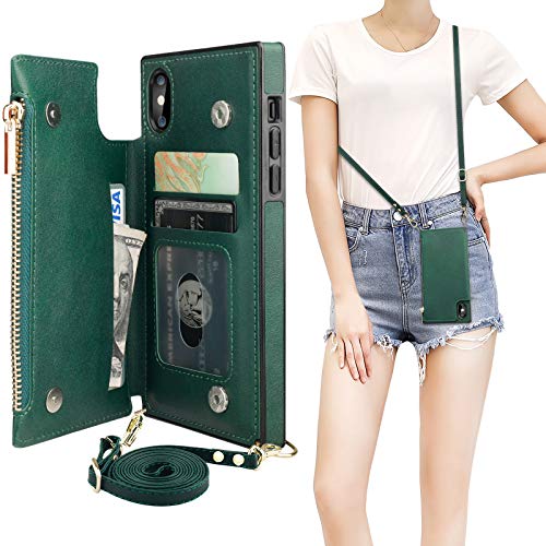 Bocasal Crossbody Wallet Case for iPhone X Xs with Card Holder,Zipper Card Slot Protector Shockproof Purse Cover with Removable Cross Body Strap 5.8 Inch(Green)