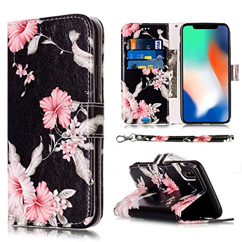 JanCalm Compatible with iPhone X Case/iPhone Xs Case, Floral Pattern Premium PU Leather Wallet - Wrist Strap Card/Cash Slots Stand Flip Cases Cover for iPhone X/XS (Black/Flower)