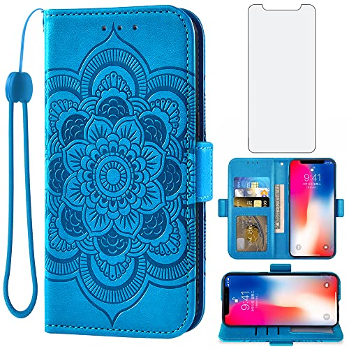 Asuwish Compatible with iPhone Xs X 10 10s Wallet Case and Tempered Glass Screen Protector Flip Cover Card Holder Cell Phone Cases for iPhoneX iPhoneXs iPhone10 i PhoneX SX 10x 10xs Xs Women Men Blue