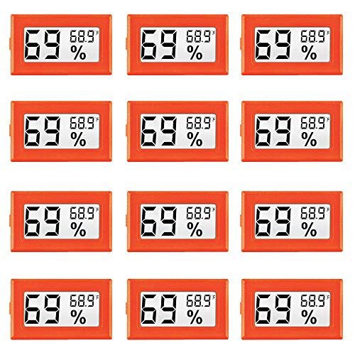 LinkDm 12 Pack Mini Digital Electronic Temperature Humidity Meters Gauge Indoor Thermometer Hygrometer LCD Display Fahrenheit () for Humidors, Greenhouse, Garden, Cellar, Fridge, Closet (Orange)