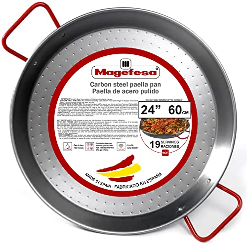 MAGEFESA Carbon - paella pan 24 in - 60 cm and 19 Servingss, made in Carbon Steel, with dimples for greater resistance and lightness, ideal for cooking outdoors, cook your own Valencian paella