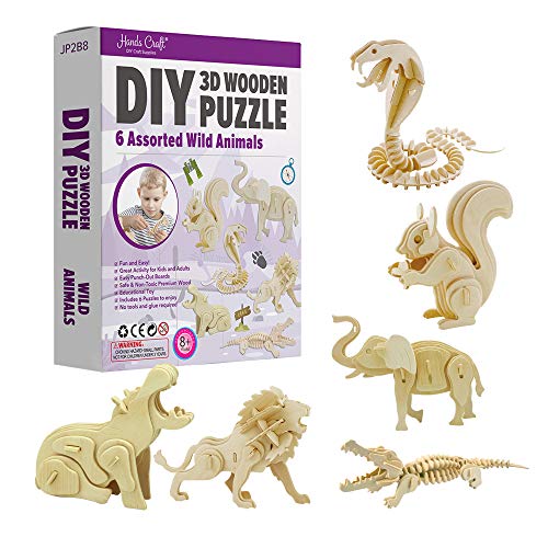 Hands Craft DIY 3D Wooden Puzzle  6 Assorted Wild Animals Bundle Pack Set Brain Teaser Puzzles Educational STEM Toy Adults and Kids to Build Safe and Non-Toxic Easy Punch Out Premium Wood JP2B8