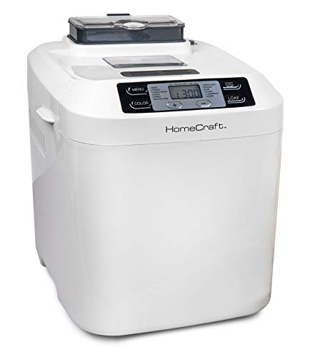 HomeCraft HCPBMAD2WH Bread Maker with Auto Fruit & Nut Dispenser Makes 2 Lb. Loaf Size, 3 Crust Options, 12 Programmable Settings, White