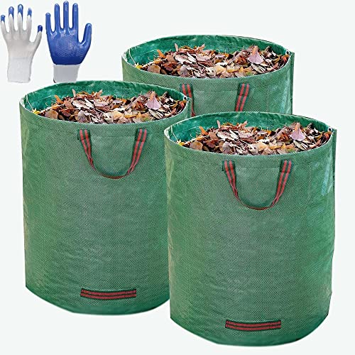 3-Pack 72 Gallons Garden Waste BagsD26,H30 inchesReuseable Lawn Garden Leaf Waste Bags with 4 Handles, Free Gloves, Heavy Duty Gardening Bags Leaf Trash Container Bags